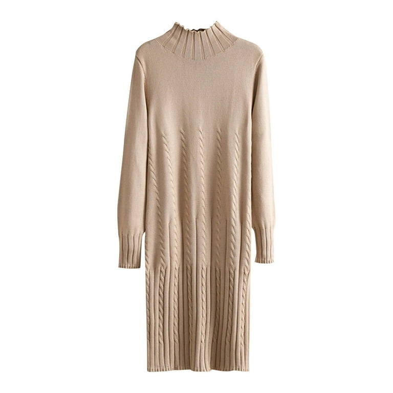 Mgmyaa Women's Knit Dress Long Sleeve High Neck Casual Lounge Wear Stretchy Comfortable Tunic Sweater Dress, Size: Free Size, Beige Mgmyaa Women's Knit Dress Long Sleeve High Neck Casual Lounge Wear Stretchy Comfortable Tunic Sweater Dress, Size: Free Size, Beige