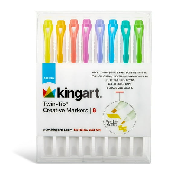 KINGART® Twin-Tip® Creative Markers, Soft Mild Pastel Highlighter Pens, Broad & Fine Tips, Set of 8