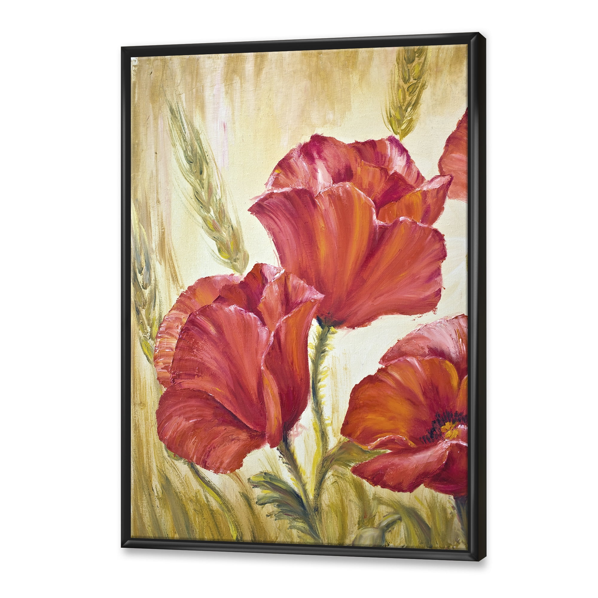 Designart 'Blossoming Red Poppies In Wheat Fields II' Traditional Framed Canvas Wall Art Print