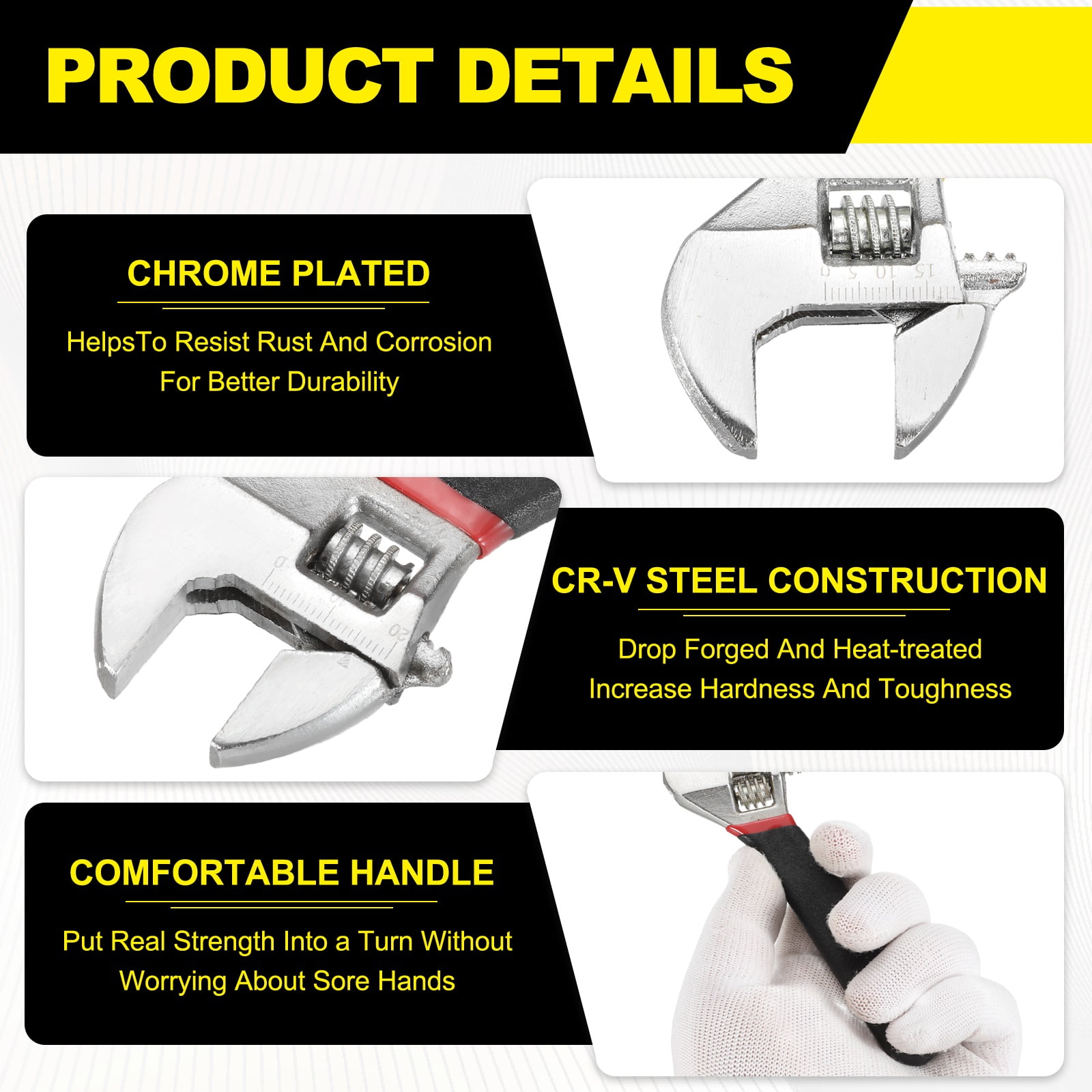 Uxcell 3pcs Adjustable Wrench 6/8/10" High Carbon Steel Industrial Wide Jaw Wrench Adjustable Repairs Spanner Tool with Graduated Scale for Home Garage Workshop Plumbing, Black