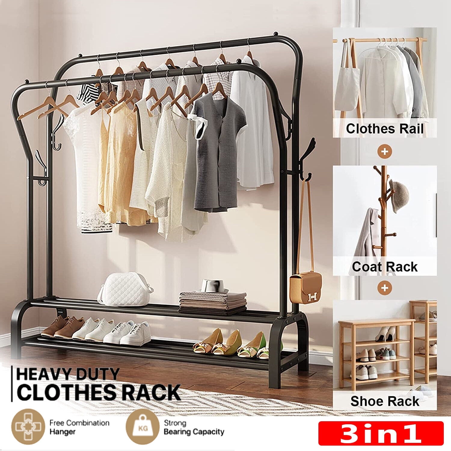 Tall Sturdy Large Tier Heavy Duty Garment Rack Double Rail Freestanding Hanger with 2 Shoe Shelves Walmart
