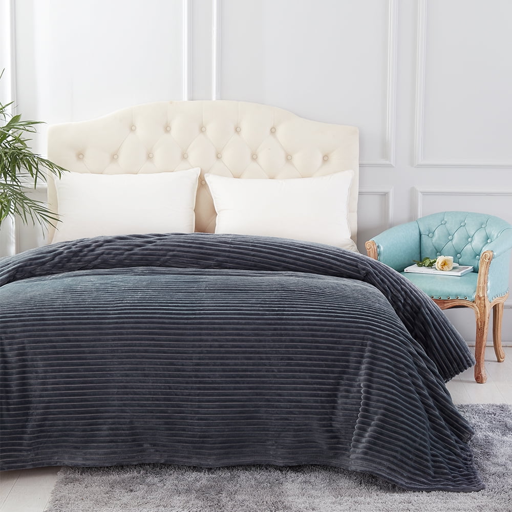 All Season Plush Fleece Blanket, 280GSM Lightweight Rib Stripe Flannel Bed Blanket No Fading