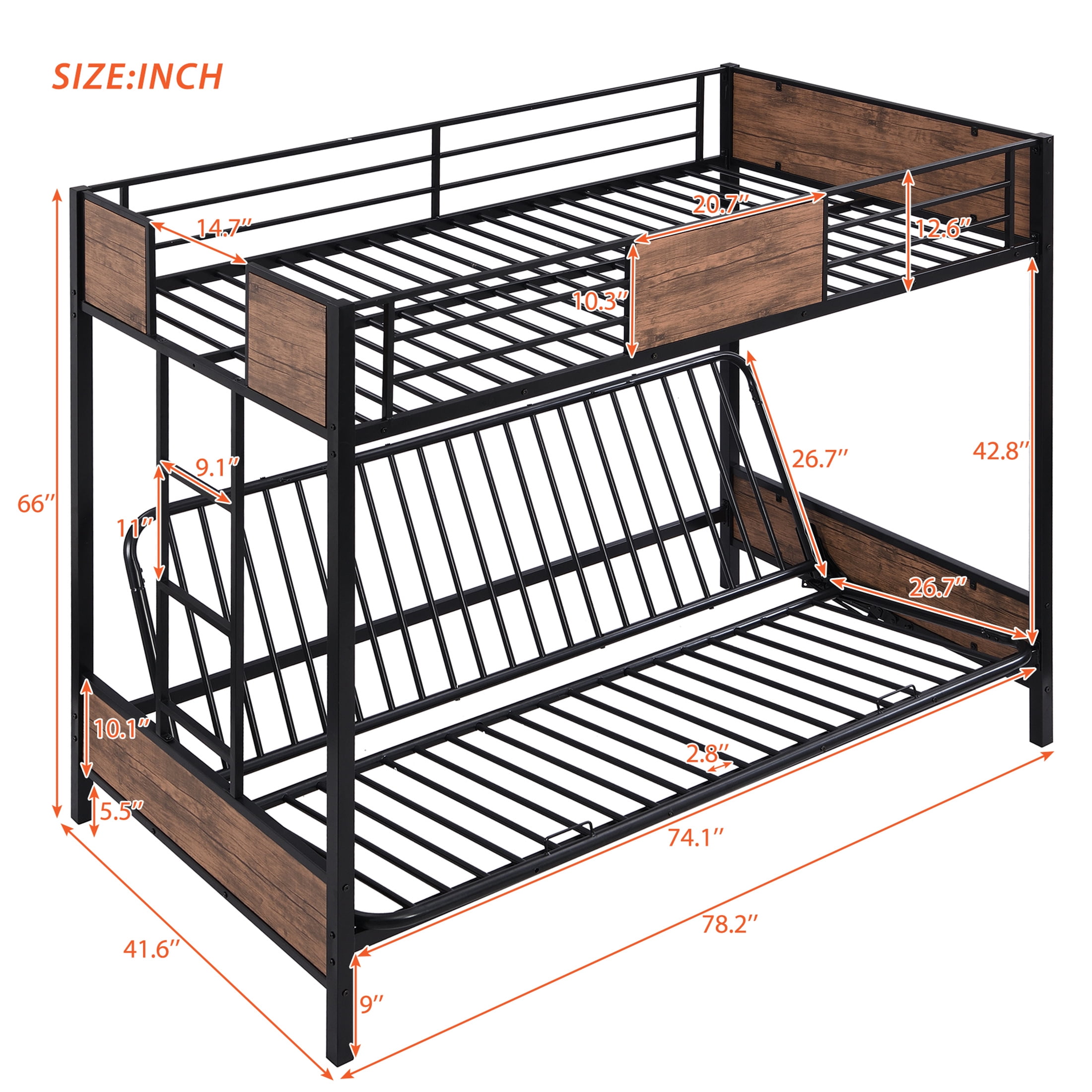 Aukfa Twin over Futon Bunk Bed, Metal Twin over Full Bunk Bed for Kids Teens, Space Save, Black
