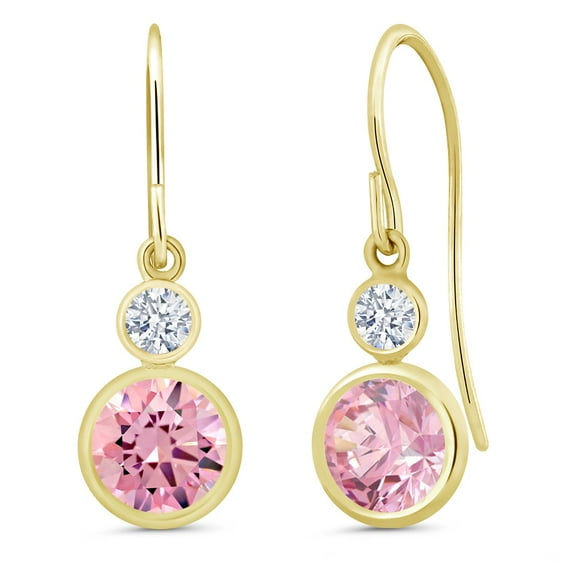 Gem Stone King 14K Yellow Gold Pink Zirconia Drop Dangle Earrings for Women (3.22 Cttw, Gemstone Birthstone, Round 6MM and 3MM)