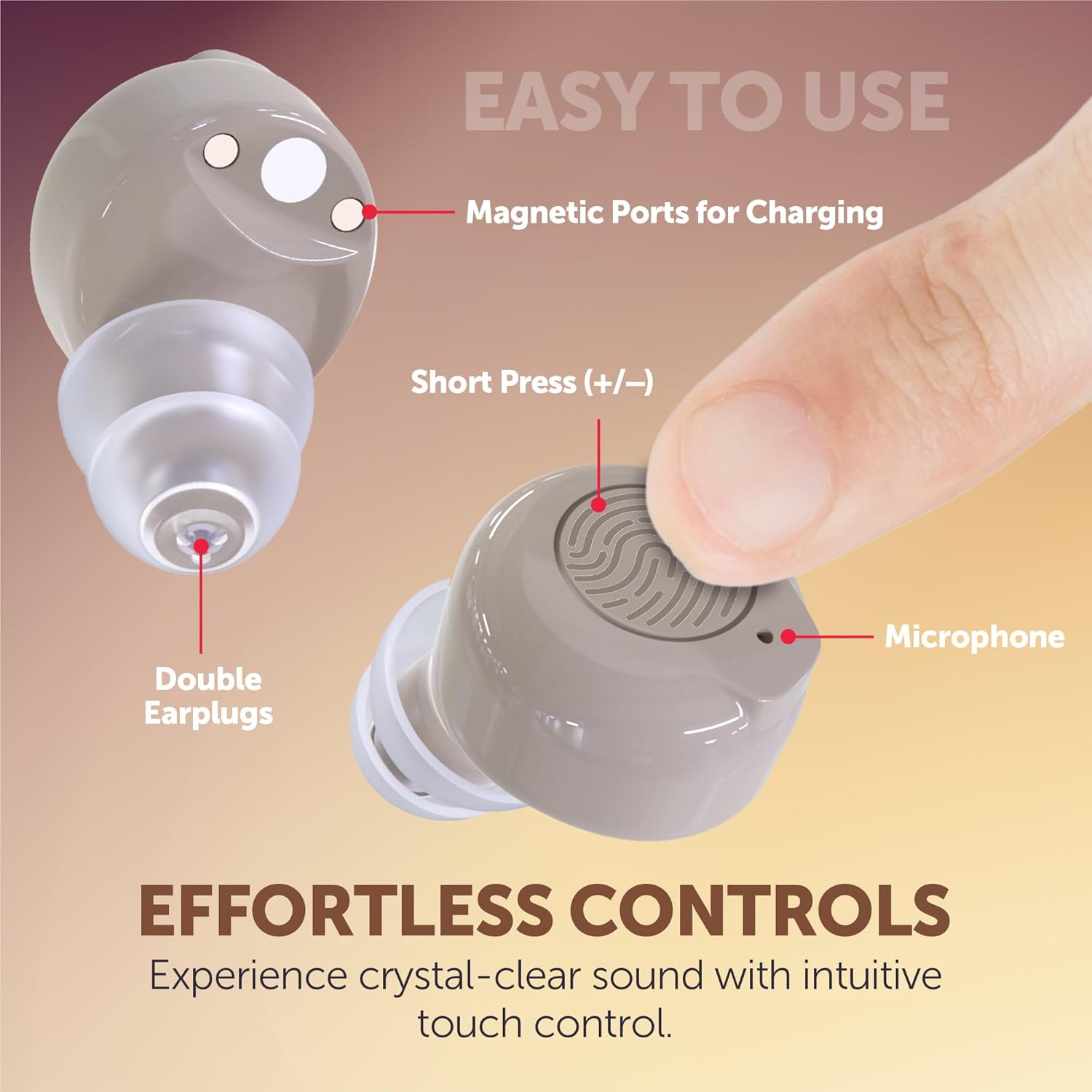Invisible Hearing Aids for Seniors with Crystal Sound, Digital In-the-Ear Discreet & Comfortable Fit Hearing Aids with Intelligent Noise Reduction, One Button Control, Lasts Up to 100 Hours (Beige)