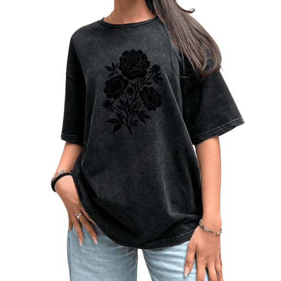 UNISHE Womens Vintage Floral Graphic Tee Oversized Aesthetic Black White Peony T-Shirt Casual Summer Top