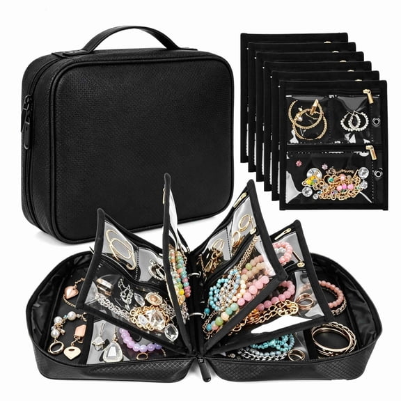 Black Travel Jewelry Organizer Case With 6 Clear Zipper Velvet Inner Pages, Portable Storage Binder For Earrings Rings Necklaces