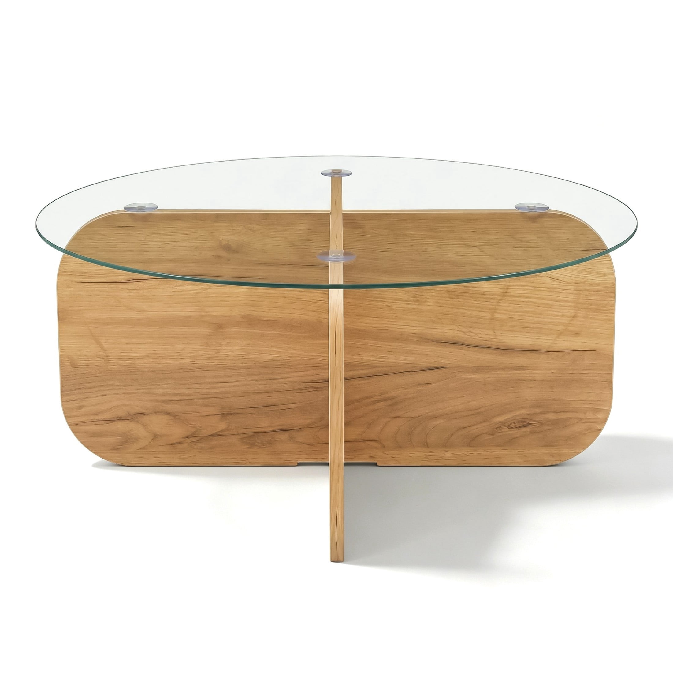 Christopher Knight Home 29.5" Round Coffee Table with Modern Cross Base, Tempered Glass Top, Honey Oak