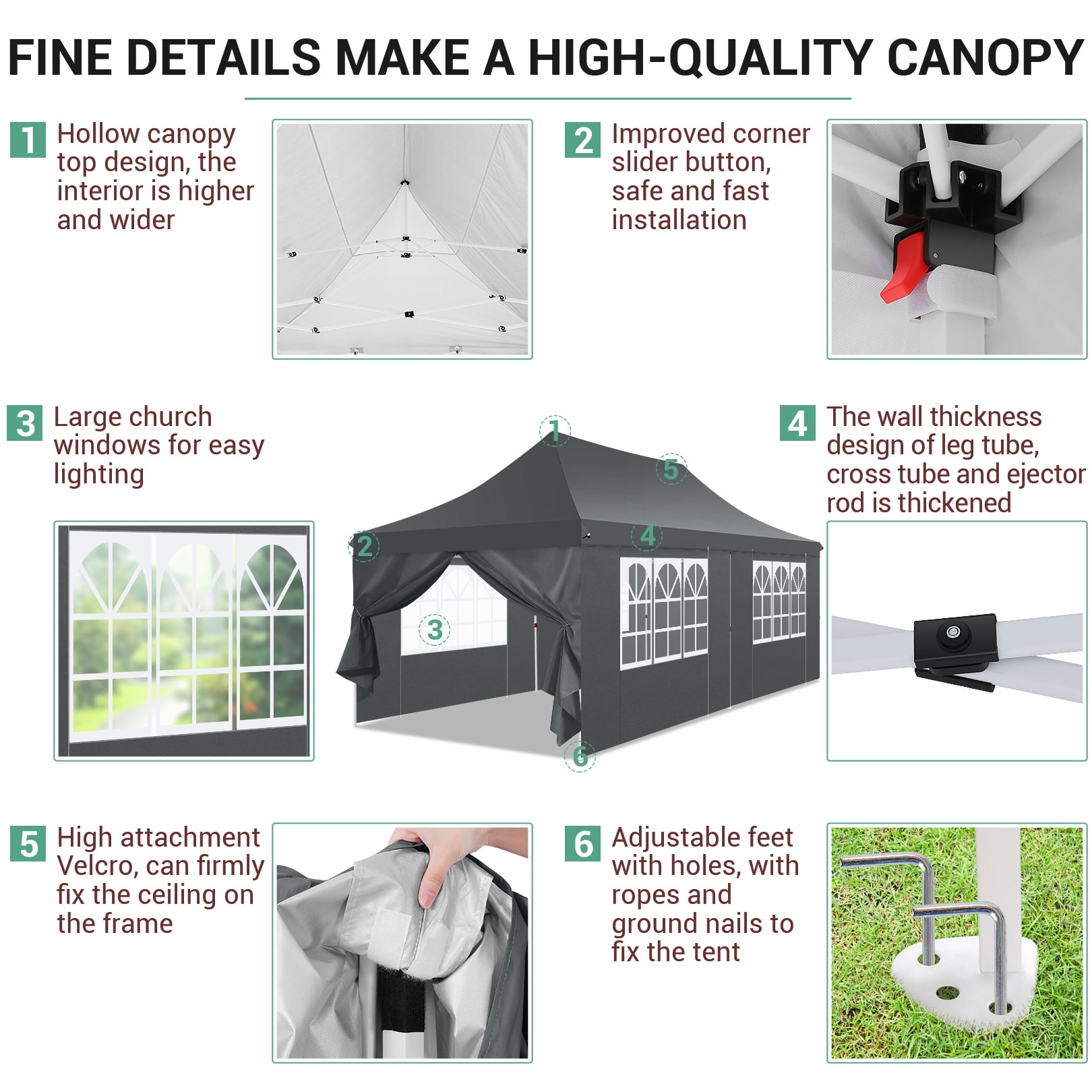 SANOPY 10'x20' Ez Pop up Canopy Party Tent with 6 Sidewalls, Waterproof and Sun Shelter Heavy Duty Canopy for Market with Carry Bag, Gray