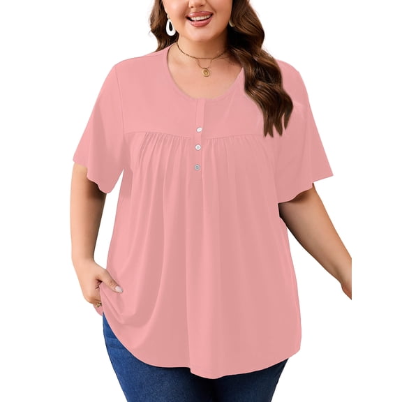 SHOWMALL Women's Plus Size Pleated Tunic Top, Pink 3X Short Sleeve Scoop Neck Shirt with Decorative Buttons, Casual Loose Fit Summer Blouse