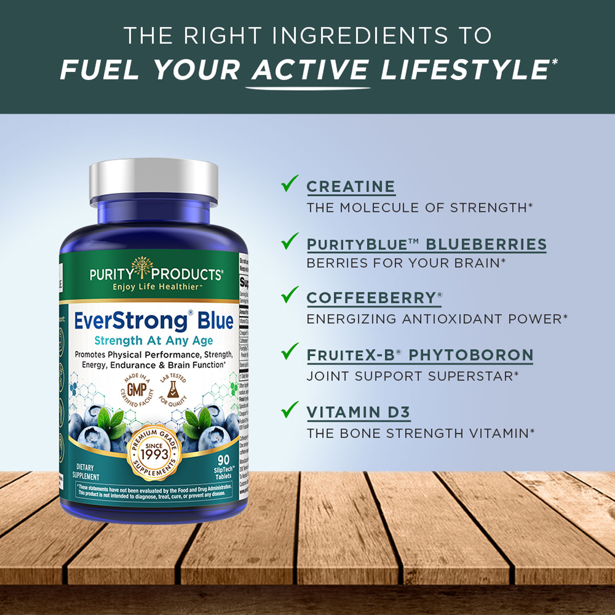 Purity Products EverStrong Blue Strength Building Brain Boosting w/Muscle Matrix Blend ft. Creatine Monohydrate More, PurityBlue Organic Blueberry Complex, 1000 IU Vitamin D Tablets