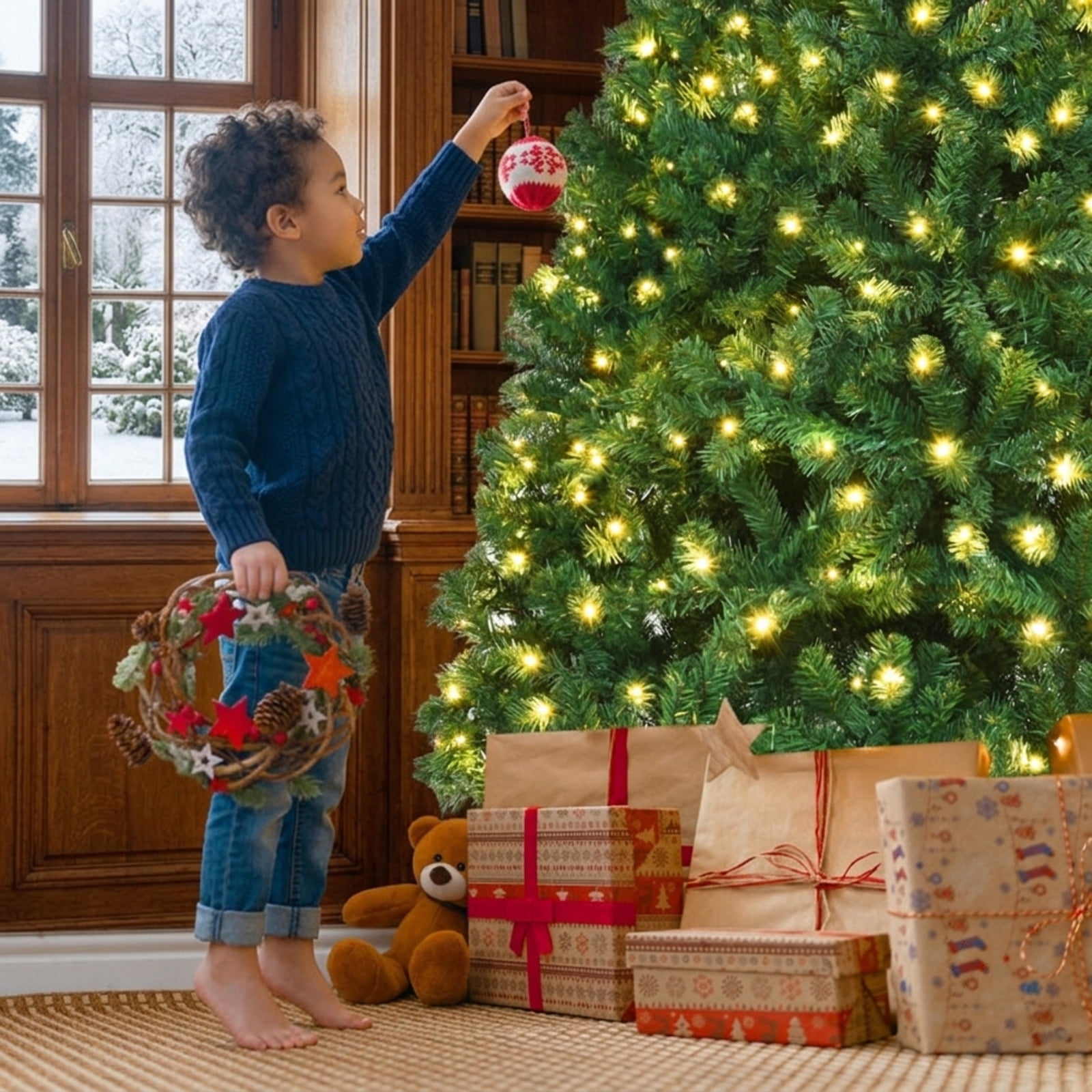 RUIE, 8 Foot Pre-Lit Tree, 8 ft Artificial Christmas Tree, 430 LED Lights, Green, 1438 Full Tips, for Home Holiday Xmas Decoration