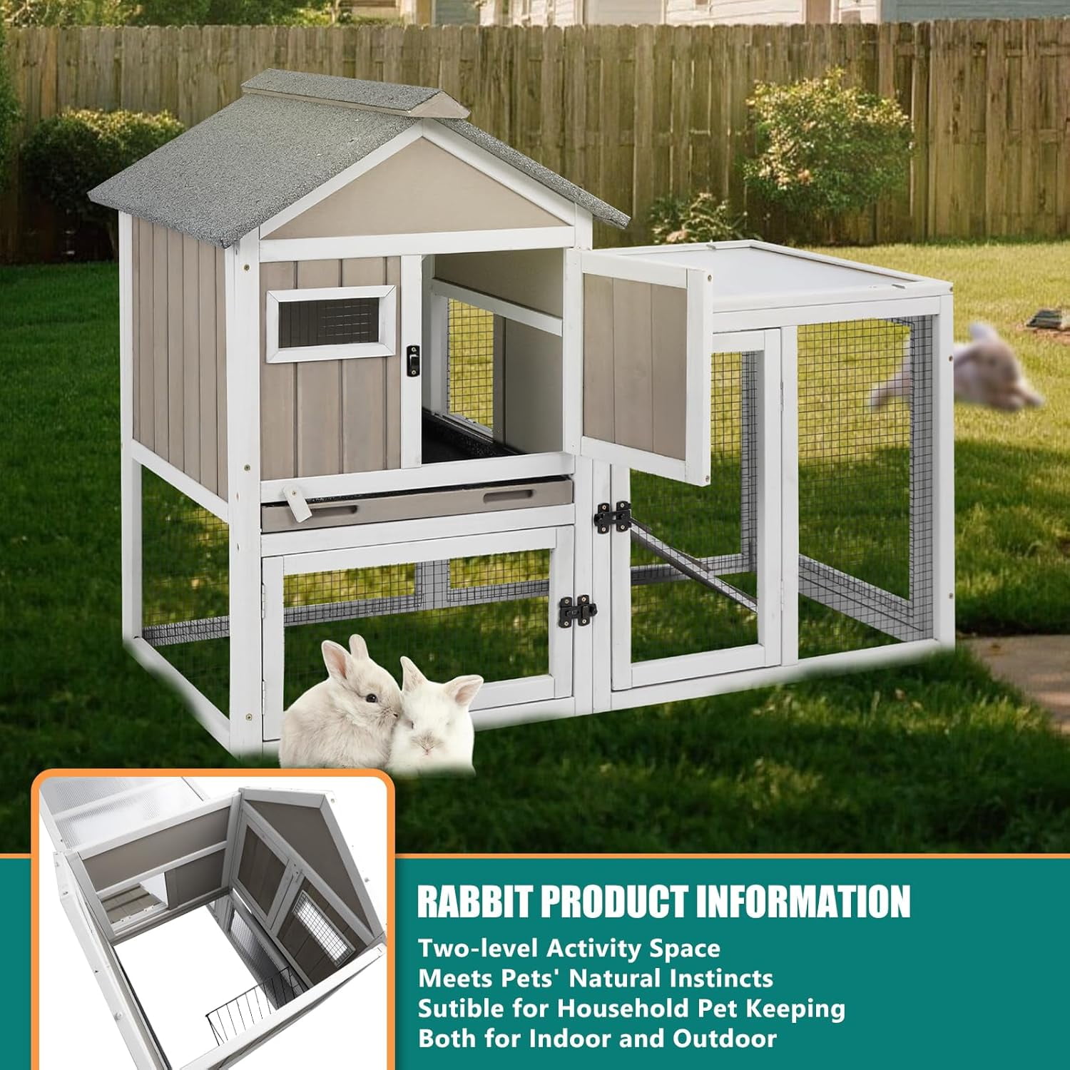 Gowoodhut Rabbit Hutch Indoor 2-Story Bunny Cage Outdoor with Run for Small Animals, Gray