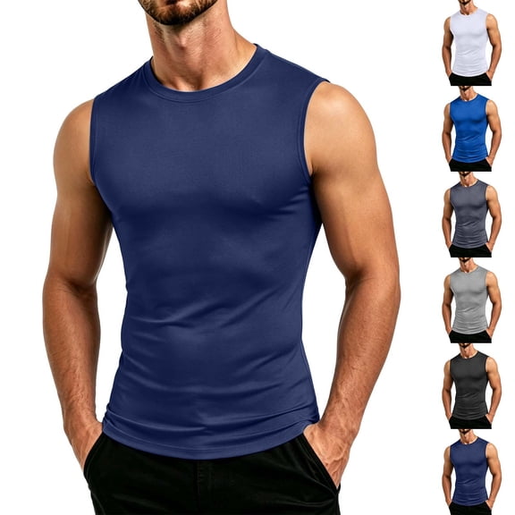 Agkizg Men Sleeveless Athletic Tank Tops, Crew Neck Solid Slim Fitting High Stretch Undershirts Breathable Base Layer Vests for Gym Workout Training Daily Casual Summer Shirts