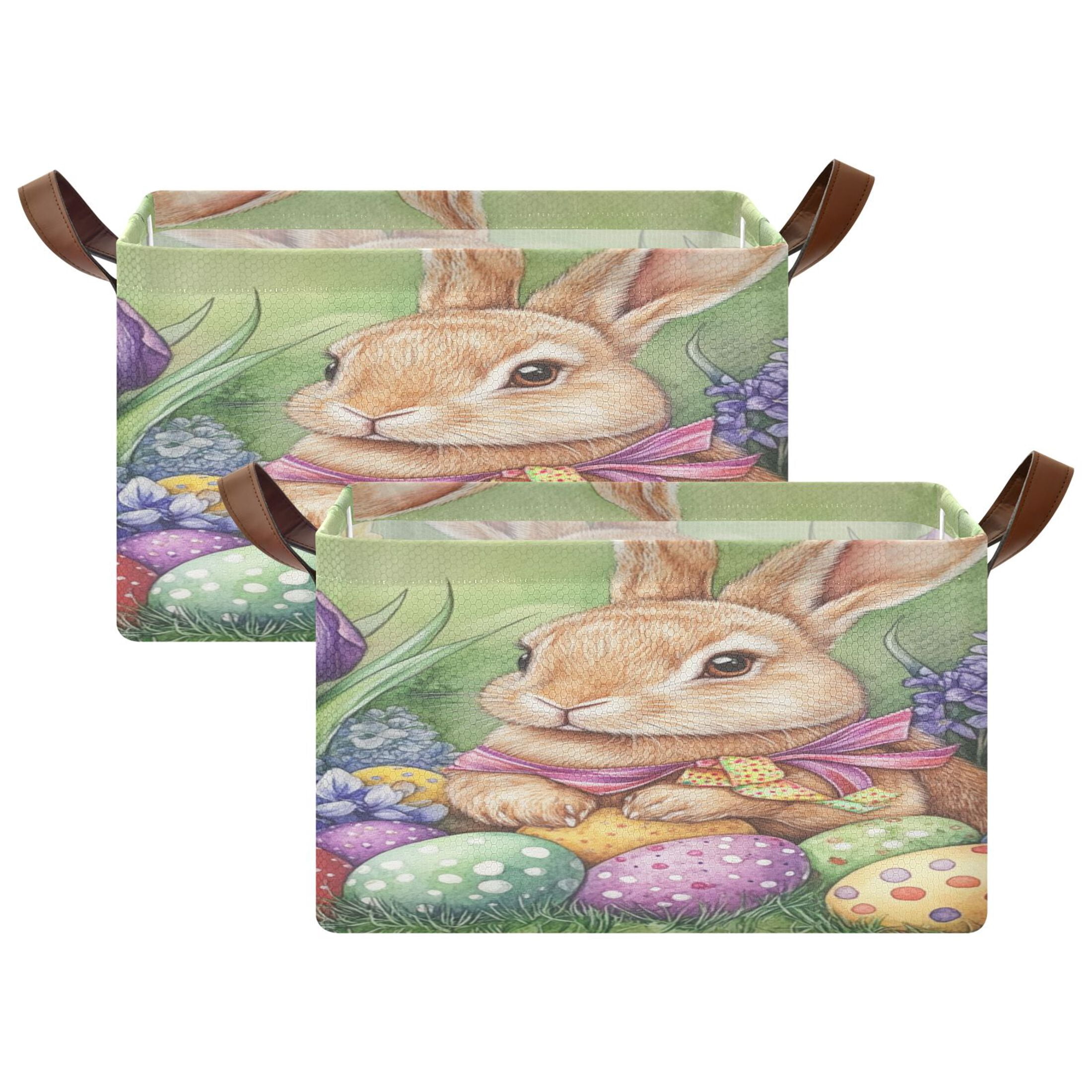 WOBOGO Easter Orange Bunny Storage Basket 16.9×11.4×10in Collapsible Oversized with Metal Iron Frame Set of 1