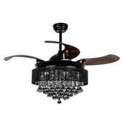 Parrot Uncle Crystal Ceiling Fan with Lights Remote control Modern Chandelier Fan 4 Retractable Blades Ceiling Fan, 46 inch, 4000K Cool LED Light,Black