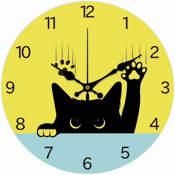 12inch Peeping Cat Wall Clock Battery Operated Silent Non Ticking Cat Looking Up Pattern Round Decorative Clock for Office Home Living Room Bedroom Bathroom Kitchen Decor Colorful