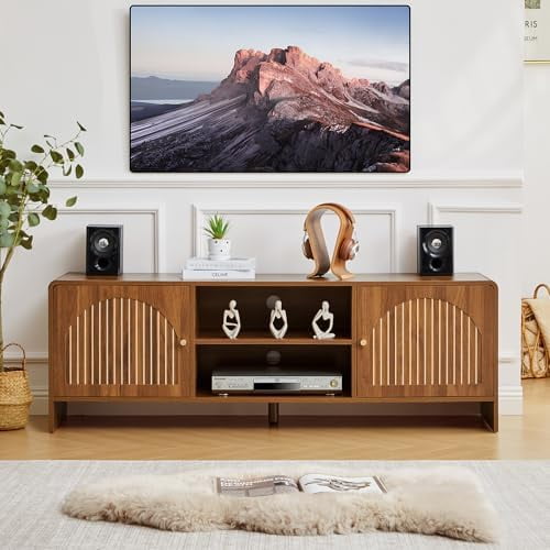 Mid-Century 59" Long Wood TV Stand Cabinet for 55/60/65 Inch TV, Classic TV Console with Adjustable Storage Shelf & Arch Striped Pattern, Entertainment Center with Storage for Living Room Bedroom