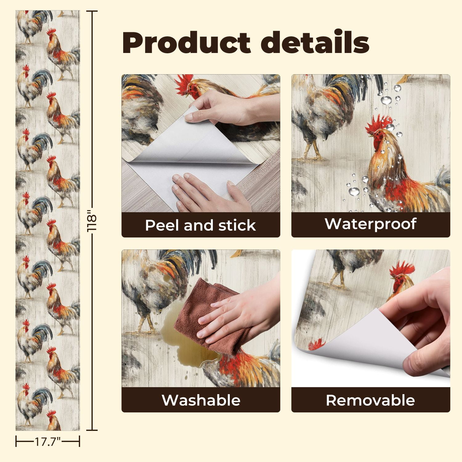 Farmhouse Peel and Stick Wallpaper 17.7in x 9.8ft Colorful Roosters Artistic Brushstroke Style Rustic Wood Contact Paper Vinyl Waterproof Self Adhesive Wall Paper for Bedroom Cabinet Renter Friendly