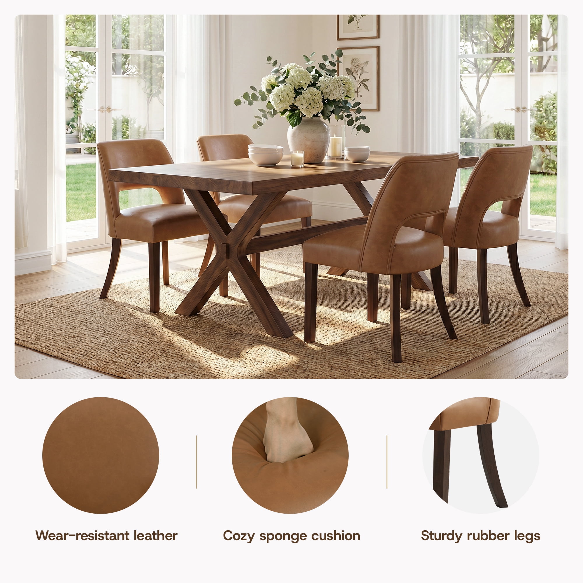 VKNOW Faux Leather 20.7" W Upholstered Dining Chairs Set of 6, Thick Foam Cushion Kitchen & Dining Room Chairs with Solid Wood Legs, Brown