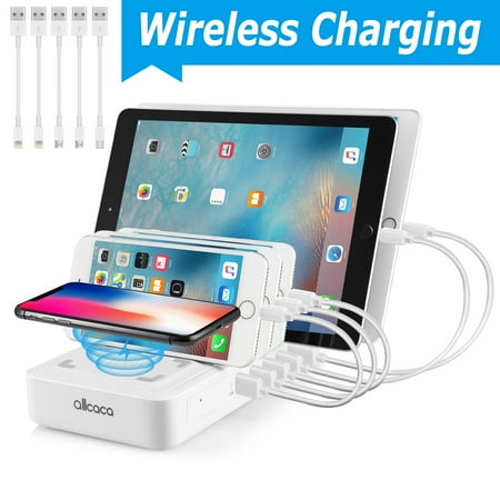 6-Port USB Charging Station for Multiple Devices, Fast Charging Dock Organizer with 5 USB Ports and 1 Qi Wireless Charging Pad for iPhone, ipad, Samsung, Android Phone,