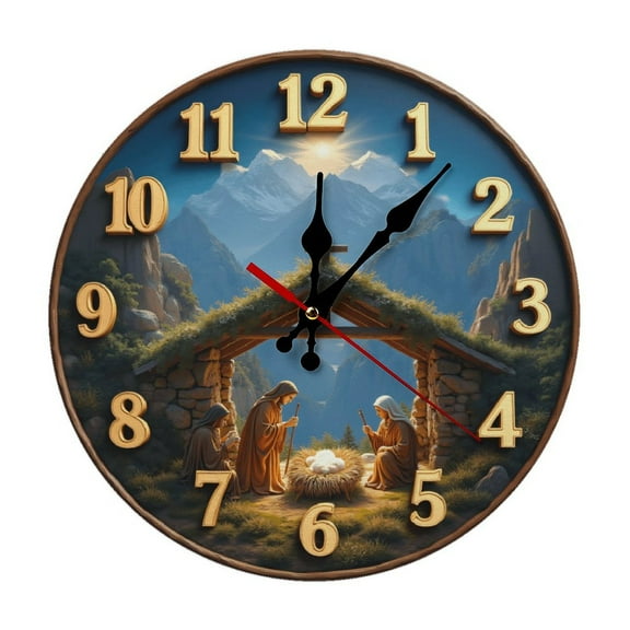 Nativity Biblical Wall Clock 10 Inch Silent Non Ticking Round Wooden Clock Decoration for Living Room Kitchen Bedroom Bathroom Office Classroom