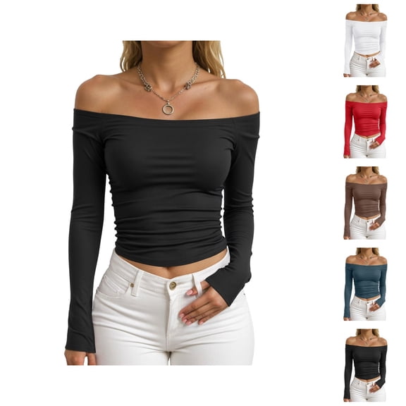 Long Sleeve Shirts for Women Y2k Crop Top Off Shoulder Ruched Fitted Tshirt Blouse Going out Tops