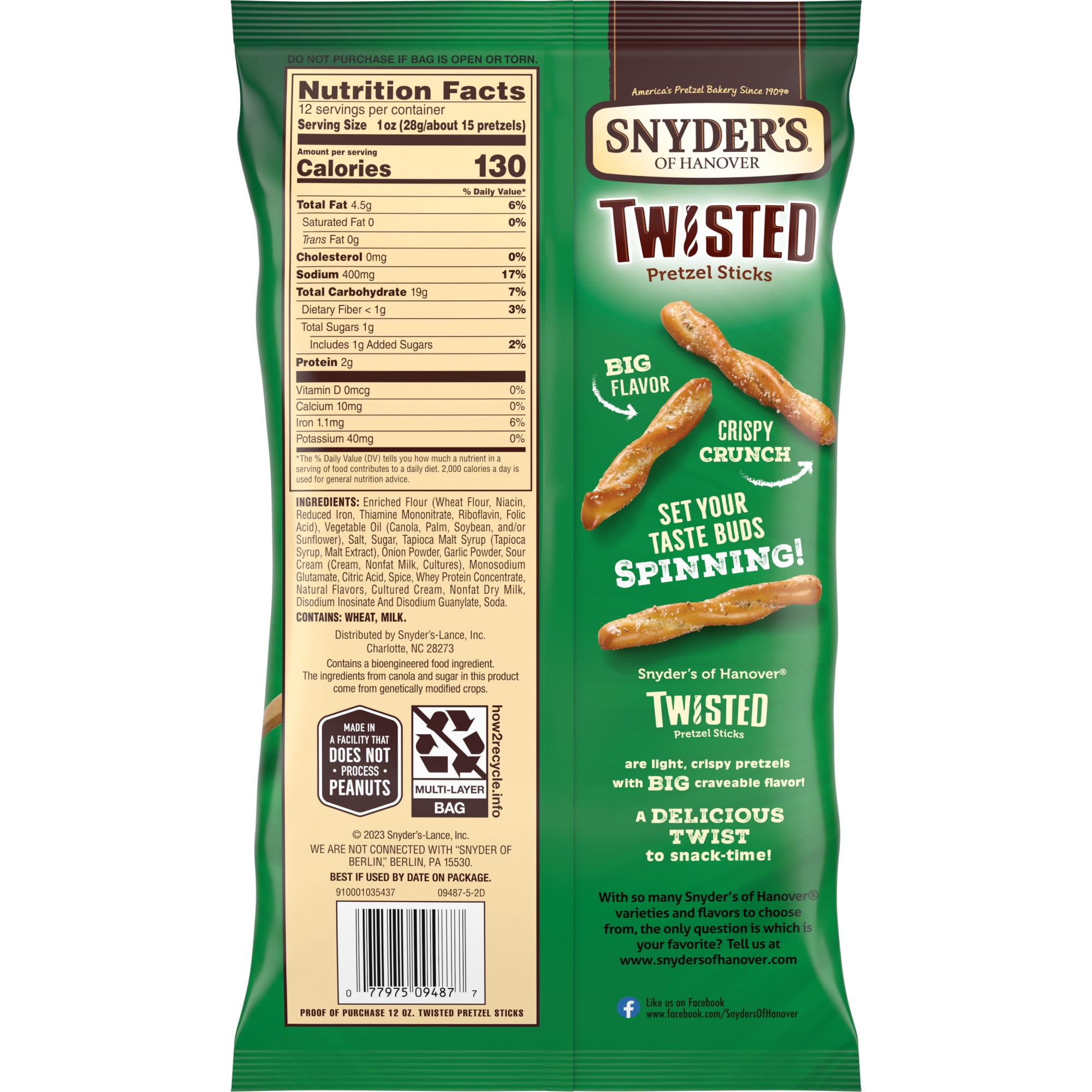 (3 pack) Snyder's of Hanover, Sour Cream & Onion Twisted Pretzel Sticks, 12 oz Bag