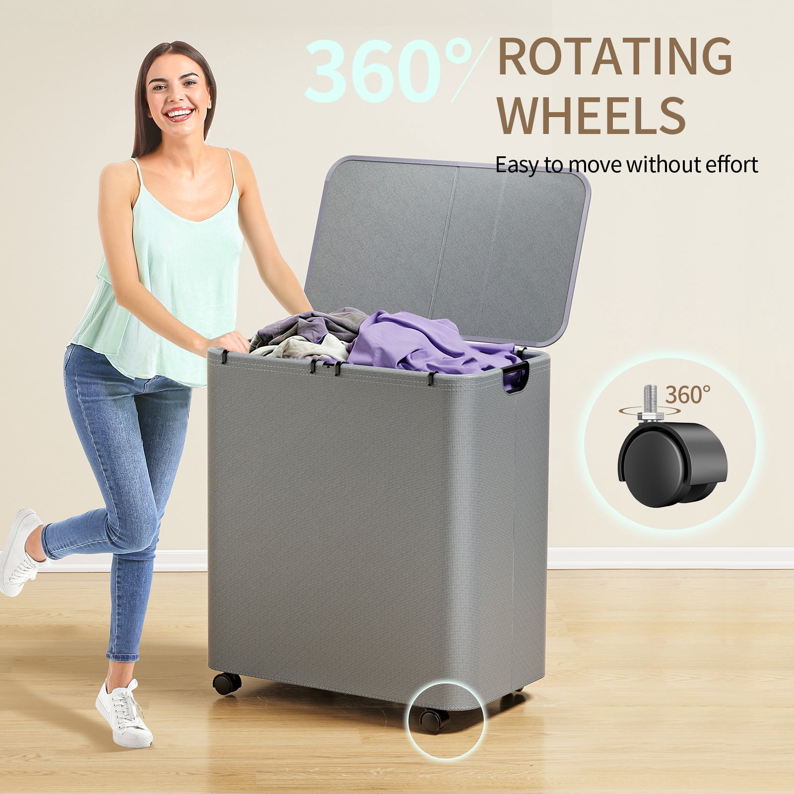 Yecaye Laundry Hamper with Wheels, 150L Large Laundry Basket with Lid & 2 Removable Bags