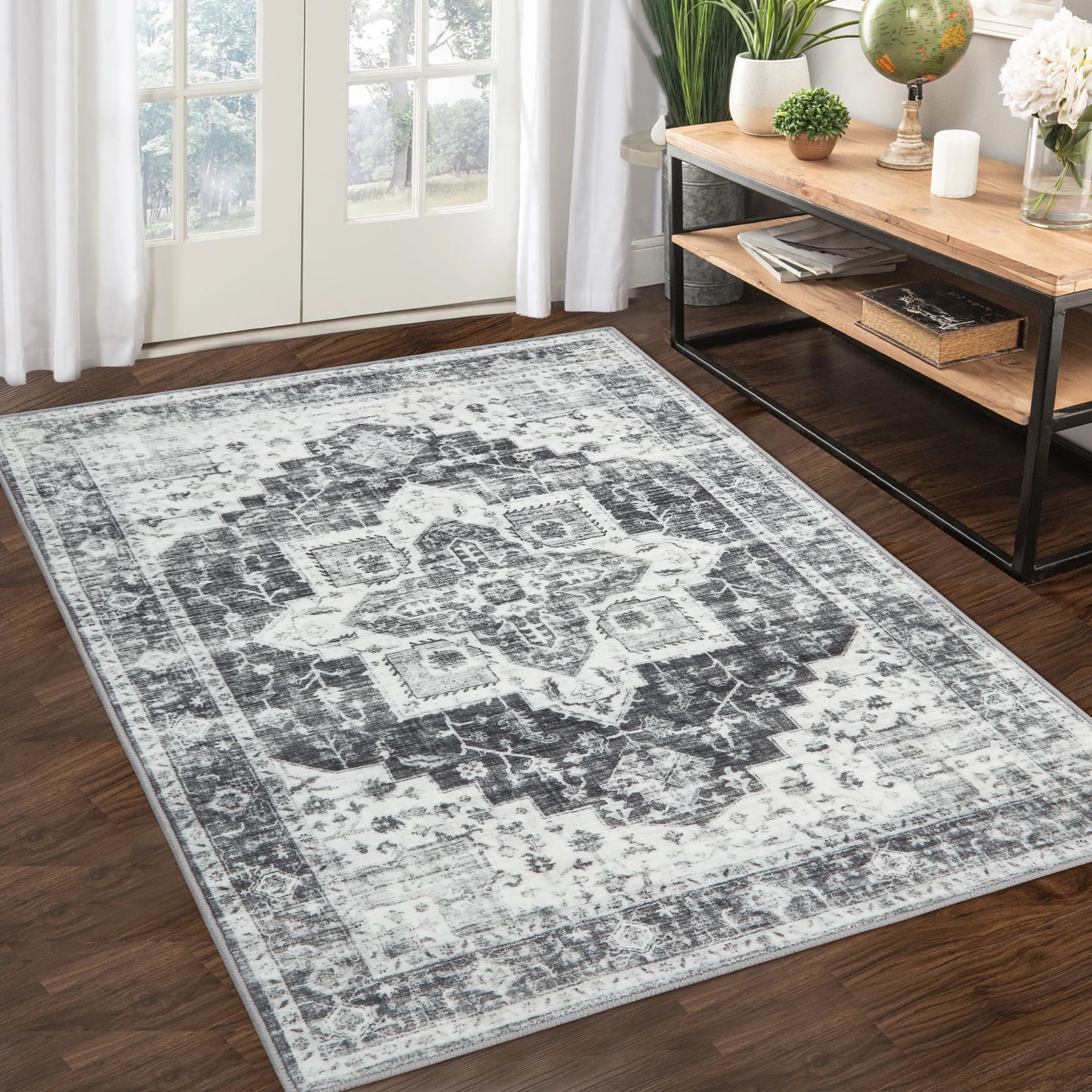Hasoo Rug 8x10 Area Rug for Living Room Persian Medallion Floor Cover Vintage Oriental Floral Rug Boho Tribal Indoor Floor Home Decor Non-Slip Washable Rug Low Pile Thin Rug Foldable Grey