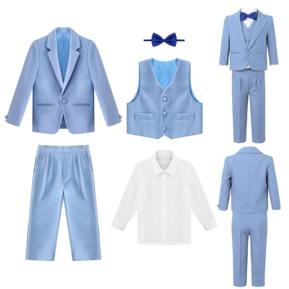 iiniim 5Pcs Toddler Baby Boys Birthday Party Outfit Set Tuxedo Blazer Jacket with Shirt Bow Pants Vest Suit Size 9M-14 A Blue 2