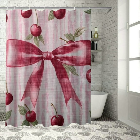 Autua Pink Cherries Bow Bathroom Shower Curtain Set with Hooks 36"x72