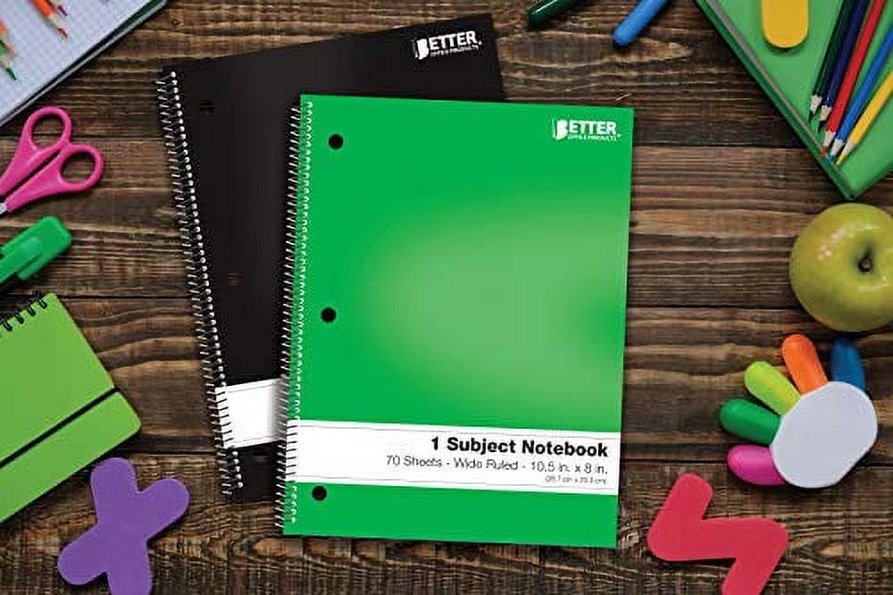 Better Office Products - 1 subject notebook - spiral-bound - 8 in x 10.5 in - 70 sheets / 140 pages - wide - 3 holes - assorted (pack of 24)