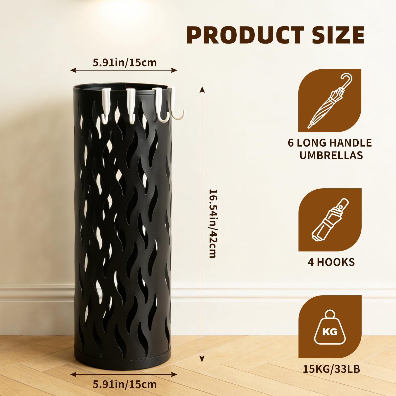 Umbrella Holder, Metal Umbrella Stand for Entryway, Umbrella Storage Rack with 4 Hooks Decor, Home, Office,5.8 × 5.8 × 16.4 (Black)