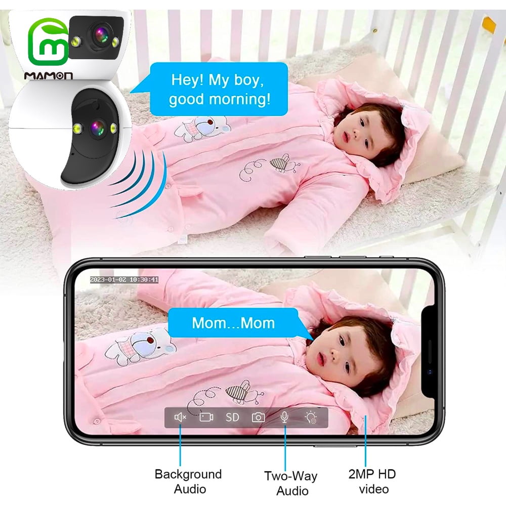 Baby Monitor Indoor Security WiFi Camera Dual Lens Dual Screen 4MP 2K Resolution with Pan Tilt Zoom/ Motion Alerts Ideal for Baby and Pet Home Security Multiple Storage Options Work with Alexa