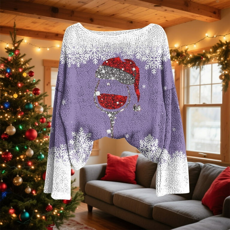 FLVPOV Christmas Sweaters for Women Fashion Xmas Wine Cup with
