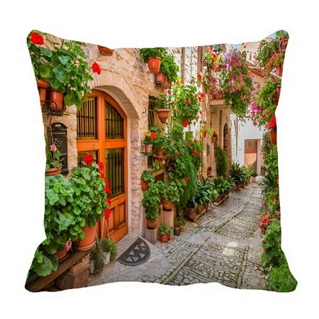 PHFZK European Cityscape Pillow Case, Beautiful Italian Street in Small Provincial Town Pillowcase Throw Pillow Cushion Cover Two Sides Size 18x18