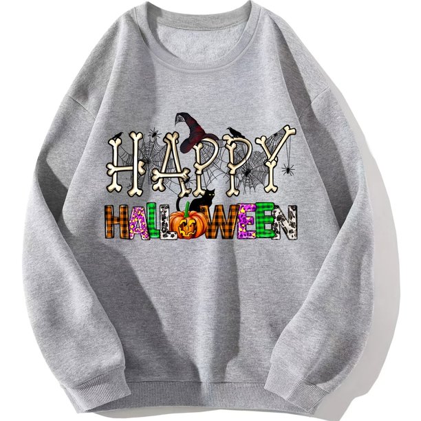Sudadera Con Estampado De Halloween Feliz, Sudadera Casual De Manga Larga Con Cuello Redondo Para Otoño E Invierno, Ropa De Mujer