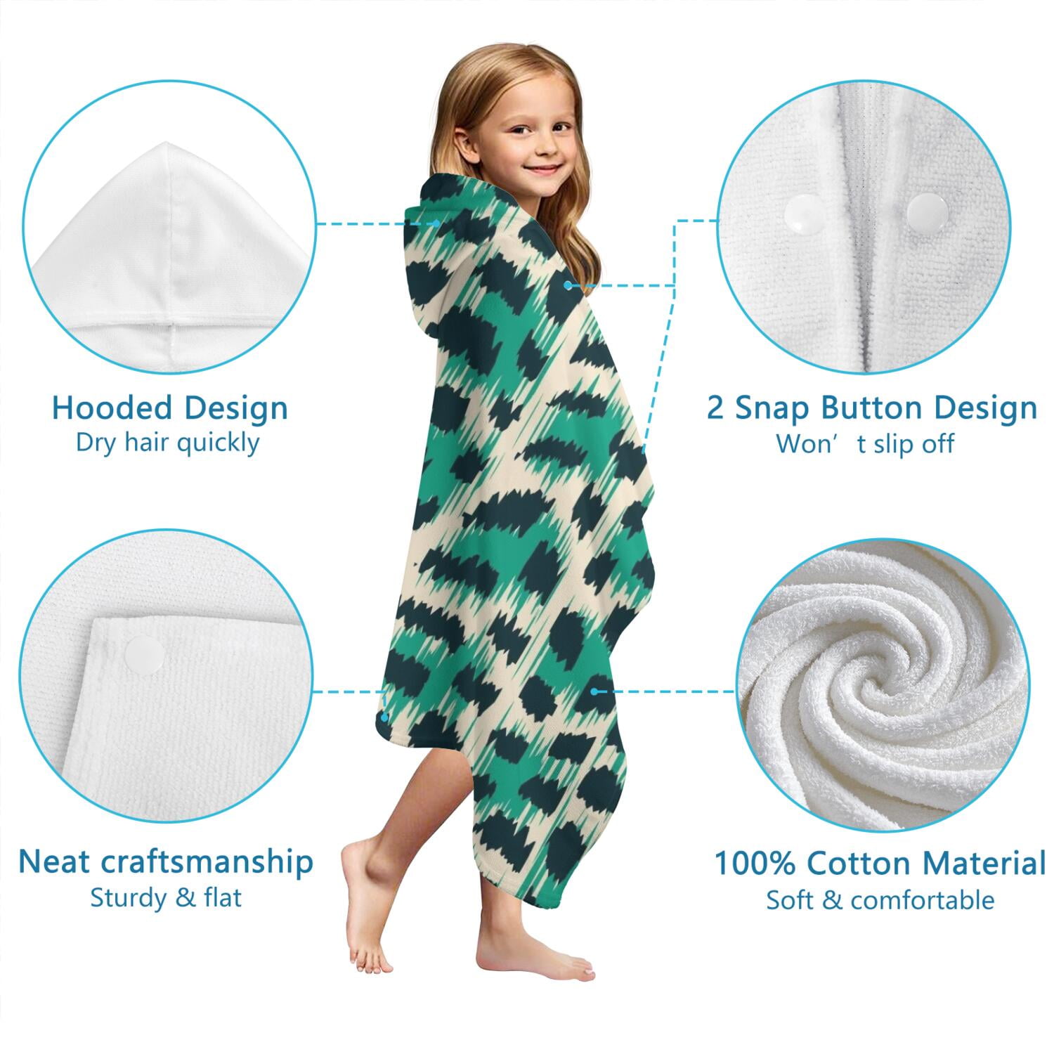 Leopard Pattern with Green and Black Spots Hooded Bath Towel，60"x35" for Ages 3 To 12 Kids, Quick Dry Lightweight Soft Microfiber Hood Beach Towel Cover Up for Kids