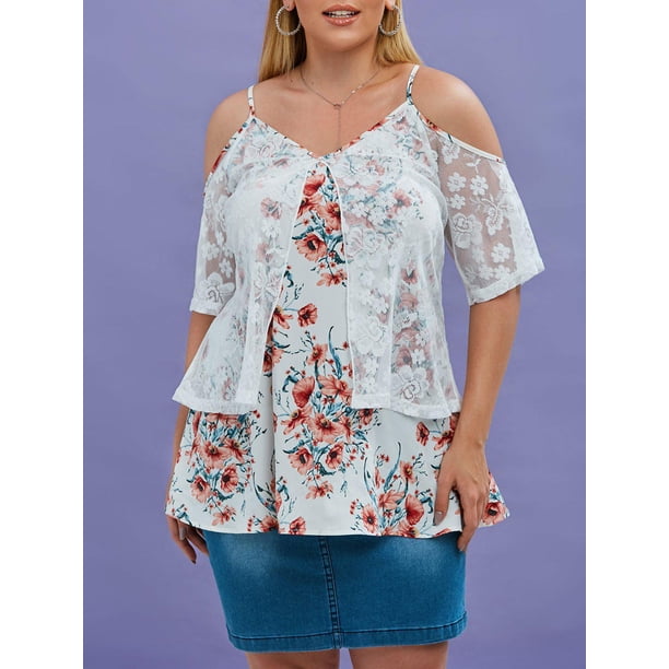 Talla grande hombro frío bordado de encaje superpuesto blusa floral Rosegal Blusas Tallas Grandes