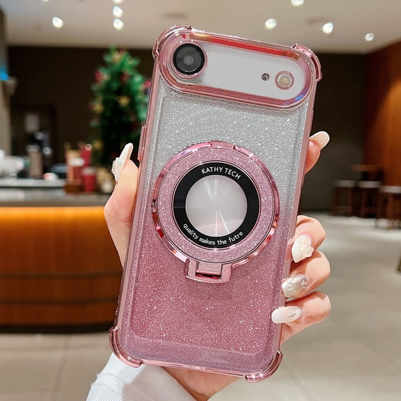 Feishell for iPhone Air Magnetic Glitter Gradient Case Compatible with MagSafe, Shockproof Plating Clear Case with Camera Lens Protector Logo View Hidden Kickstand Phone Case,Pink