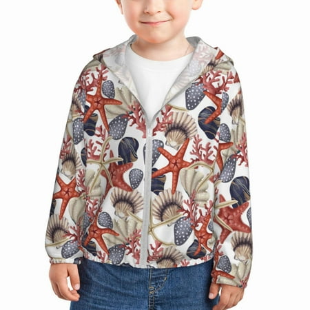 

Gaeub Starfish Shell Print Athletic Sun Protection Hoodie for Kids Long Sleeve Outdoor UV Shirt Running Fishing Top for Boys Girls-2 Years