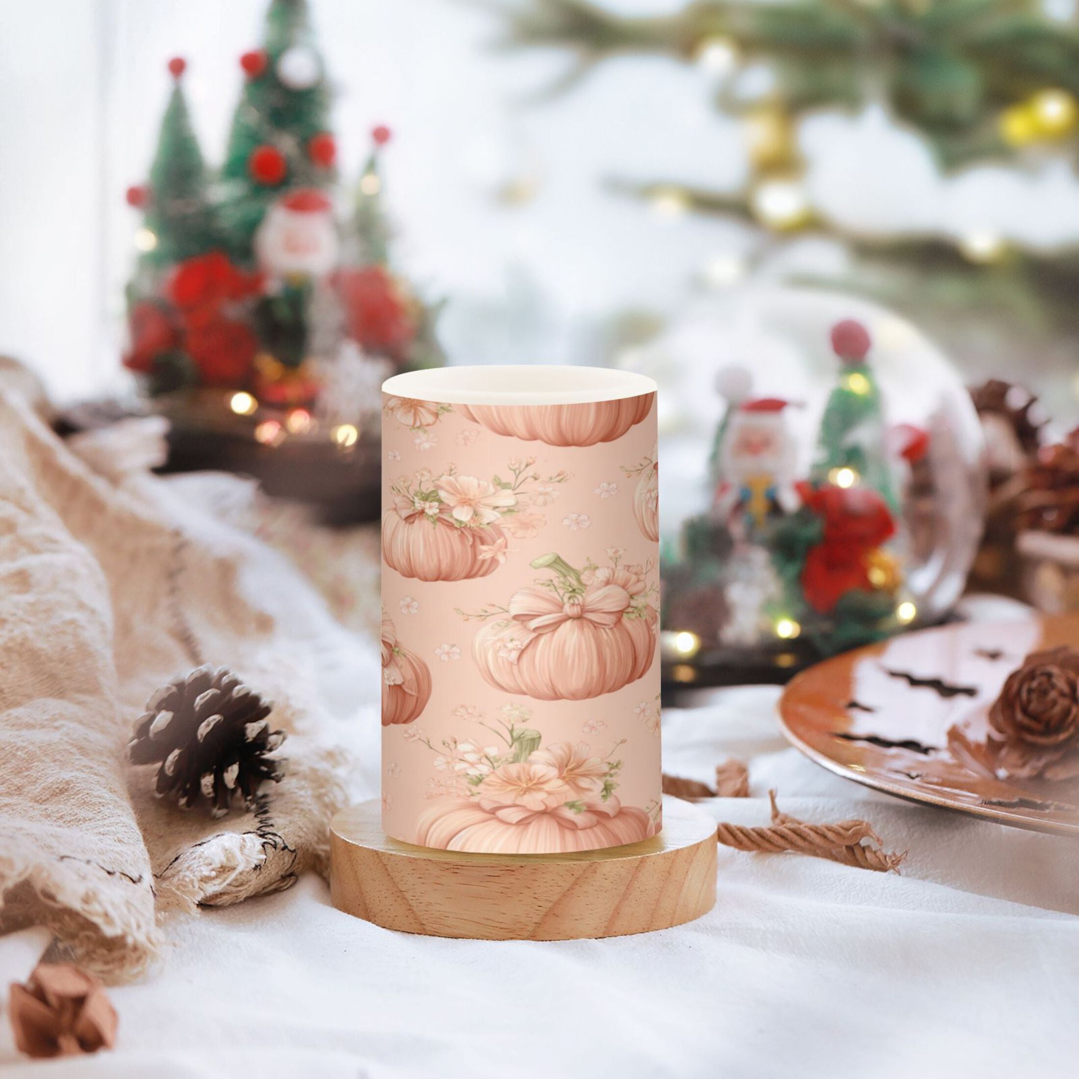 2 PCS Flameless Candles with Remote Timer LED Battery Operated Flickering Candle Light for Wedding Table Home Decoration Gifts Pastel Pink Pumpkins and Flowers