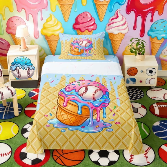 Erosebridal Pink Blue Drippy Baseball Cone Print Twin Sheet Sets, Fun Treats Bedding for Kids Boys and Girls, 1 Flat Sheet, 1 Fitted Sheet and 1 Pillowcase