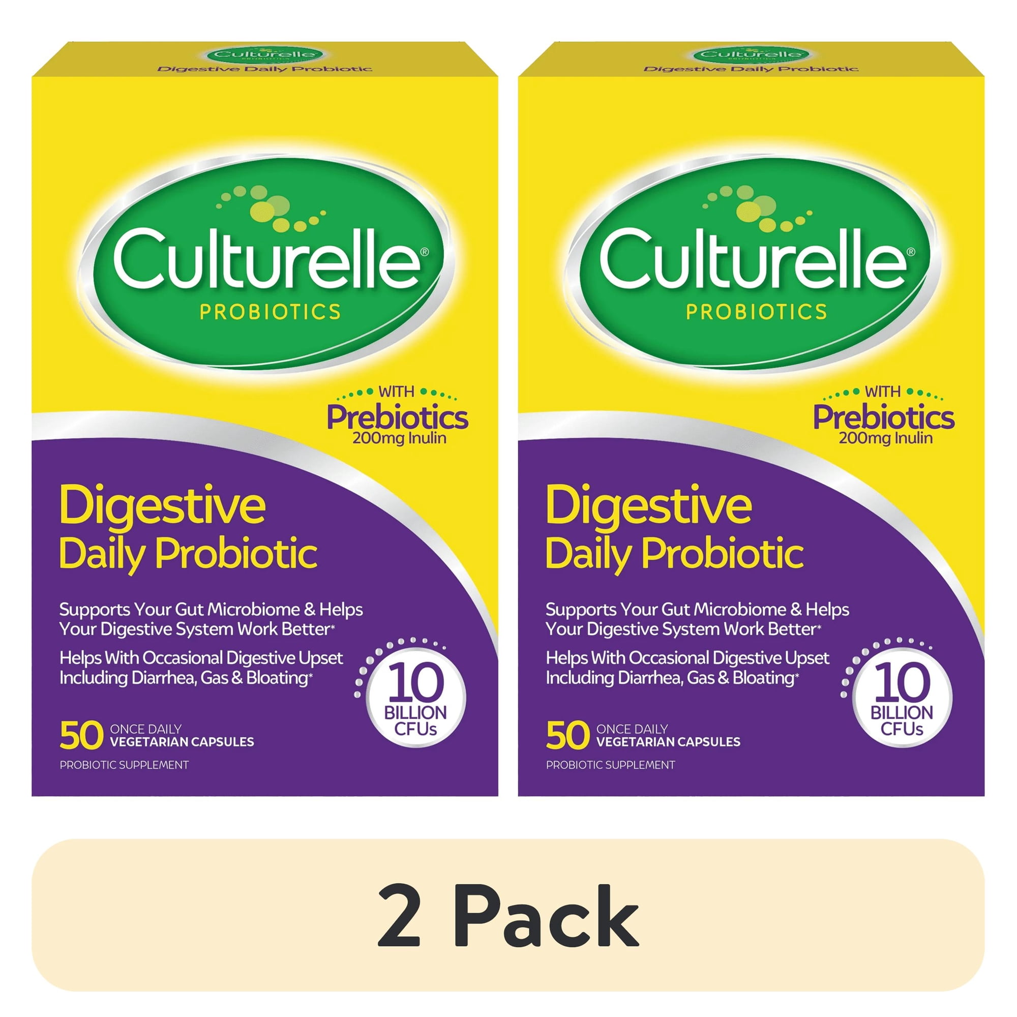 (2 pack) Culturelle Probiotics Digestive Support Daily Supplement, Made with Prebiotics, Promotes Gut Health for Adults, 50 Count