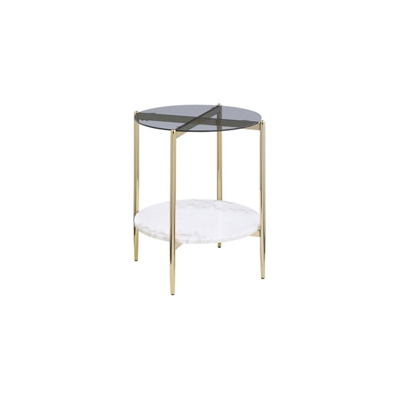 Round Glass End Table|Gold Metal Frame & Marble Shelf|Modern Living Room Side Table