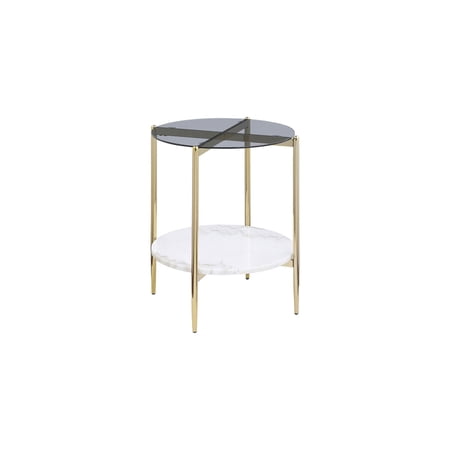 Round Glass End Table|Gold Metal Frame & Marble Shelf|Modern Living Room Side Table