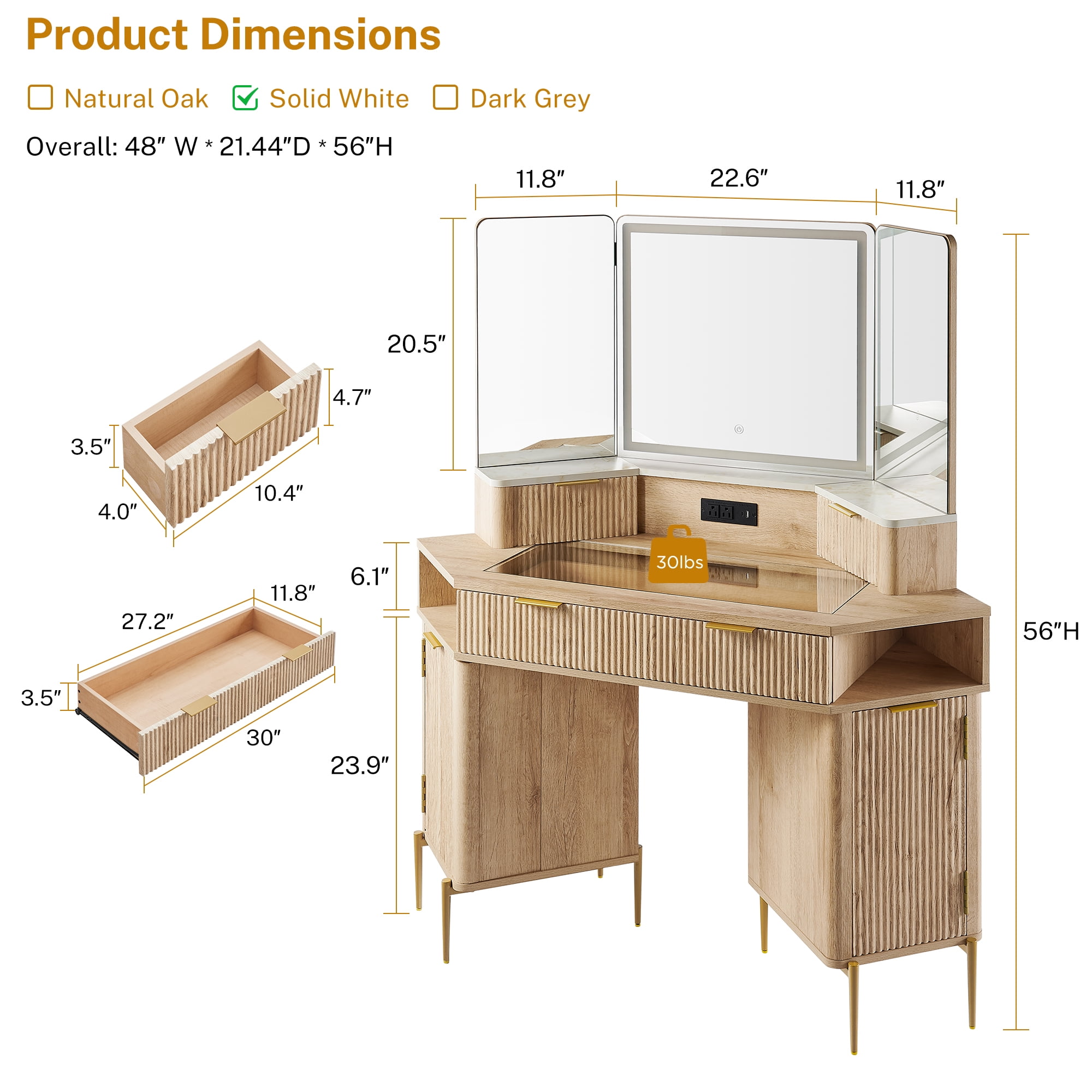 OKD 48" Fluted Makeup Vanity Desk with HD Triple Mirror and Lights, Modern Corner Vanity with 3 Drawers & 2 Cabin ets, Charging Station - Natural Oak