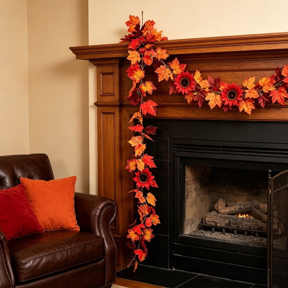 AUNVITO 68.90 Inch Fall Maple Leaf Pumpkin Garland, Sunflower Berry Season Hanging Vine, Front Door Fireplace Decor For Halloween Thanksgiving