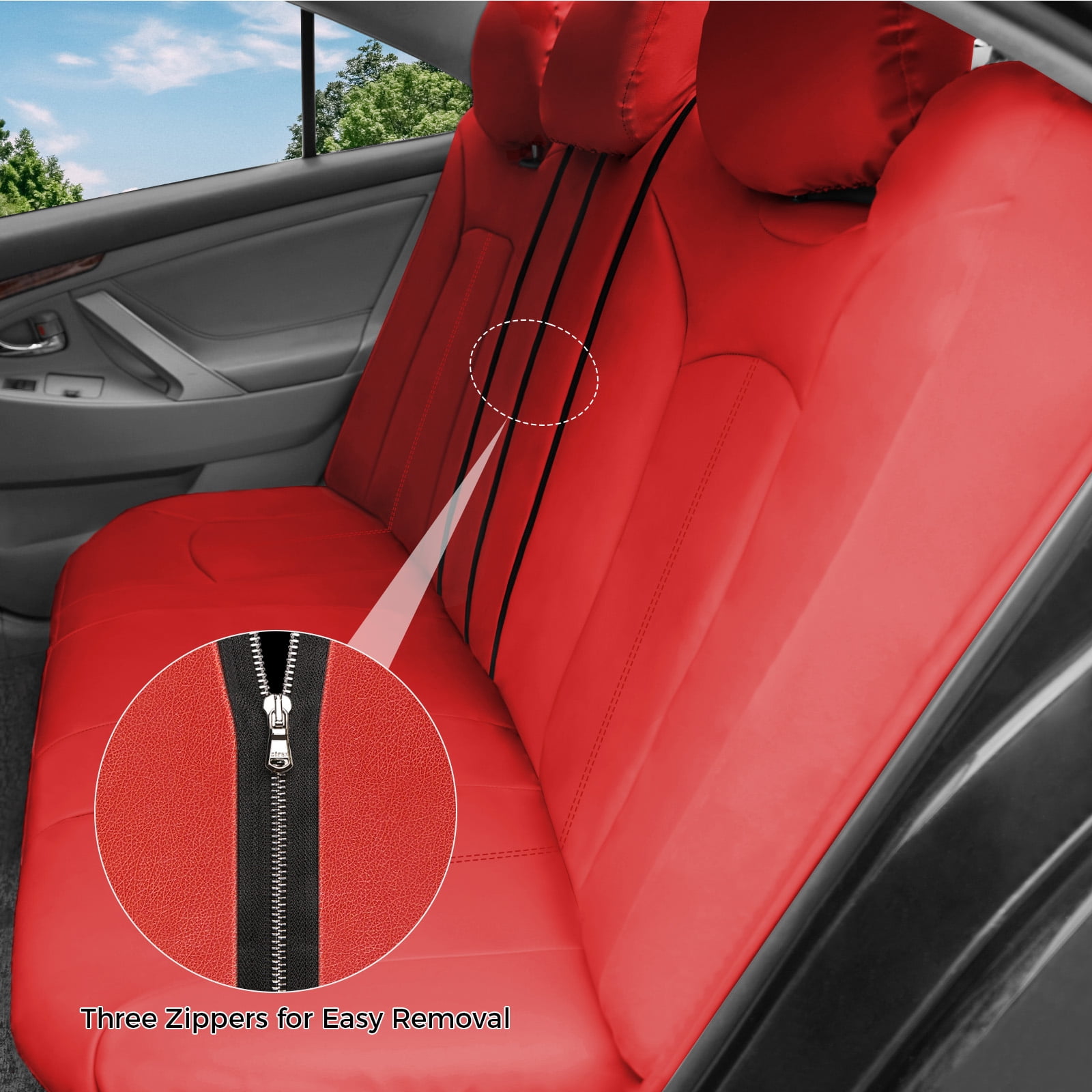 OTOEZ Universal Car Seat Covers Breathable PU Leather & Zipper Design, 5 Seats Full Set Waterproof Cushion Interior Accessories, For Solid Split Bench